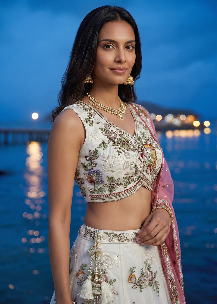 Off-White Tissue Lehenga Choli with Multicoloured Resham Embroidery, Beads &amp; Zari Work