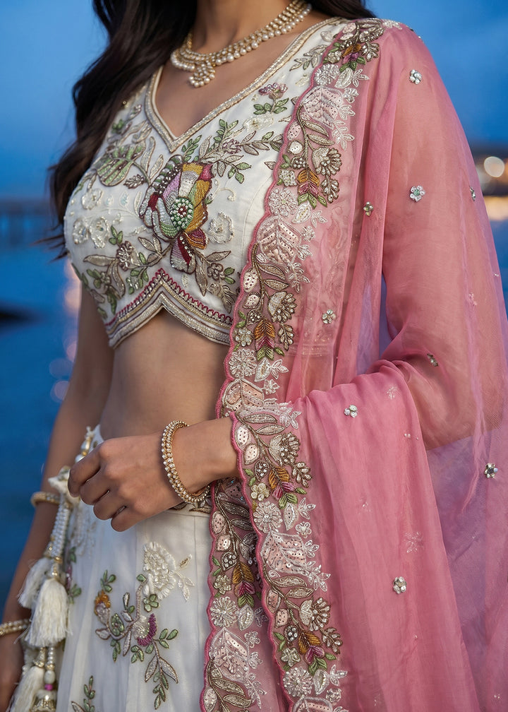 Off-White Tissue Lehenga Choli with Multicoloured Resham Embroidery, Beads &amp; Zari Work