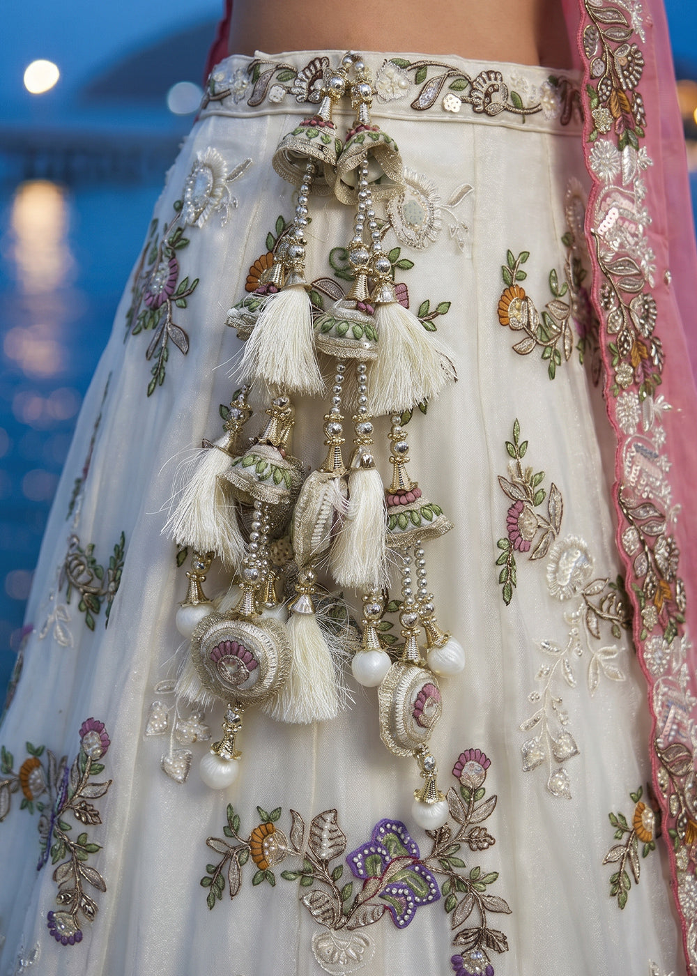 Off-White Tissue Lehenga Choli with Multicoloured Resham Embroidery, Beads &amp; Zari Work