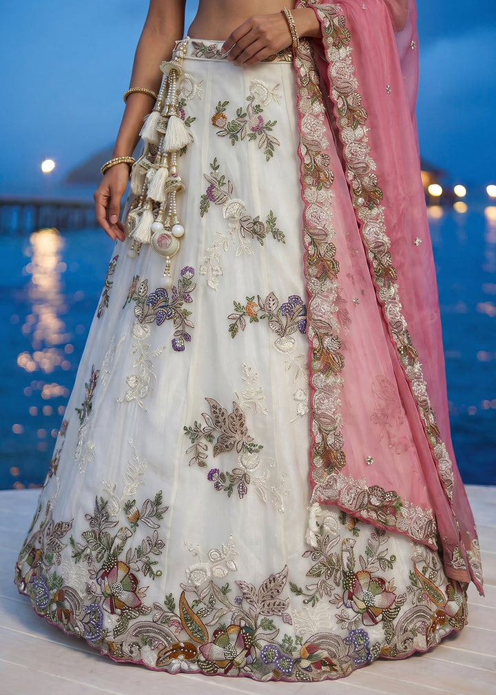 Off-White Tissue Lehenga Choli with Multicoloured Resham Embroidery, Beads &amp; Zari Work