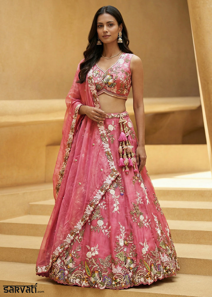 Soft Rose Pink Tissue Lehenga Choli with Multicoloured Resham Embroidery, Beads &amp; Zari Work