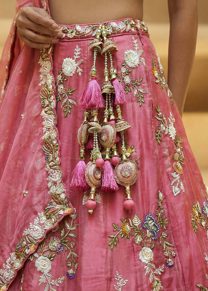 Soft Rose Pink Tissue Lehenga Choli with Multicoloured Resham Embroidery, Beads &amp; Zari Work