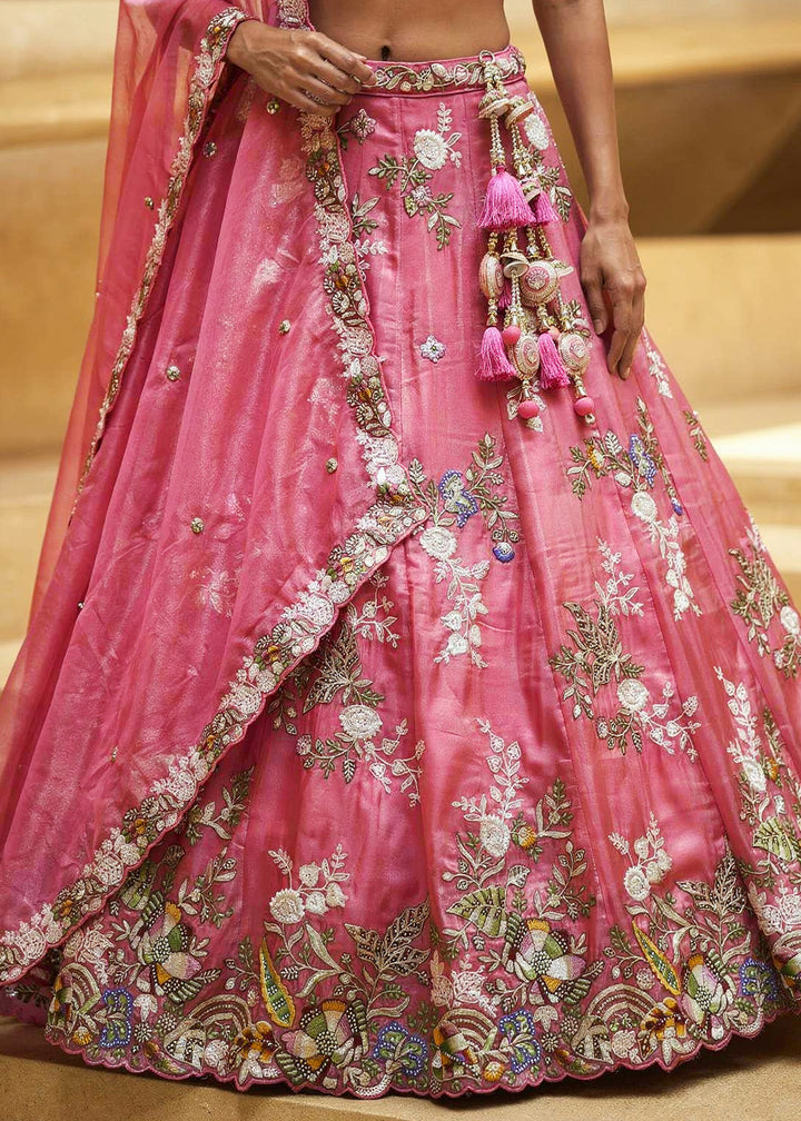 Soft Rose Pink Tissue Lehenga Choli with Multicoloured Resham Embroidery, Beads &amp; Zari Work