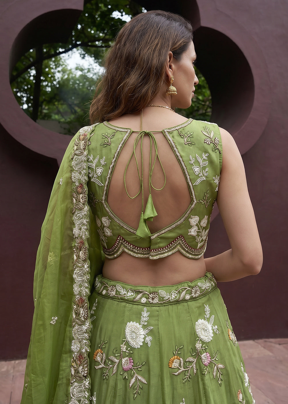 Sage Green Tissue Lehenga Choli with Multicoloured Resham Embroidery, Beads & Zari Work