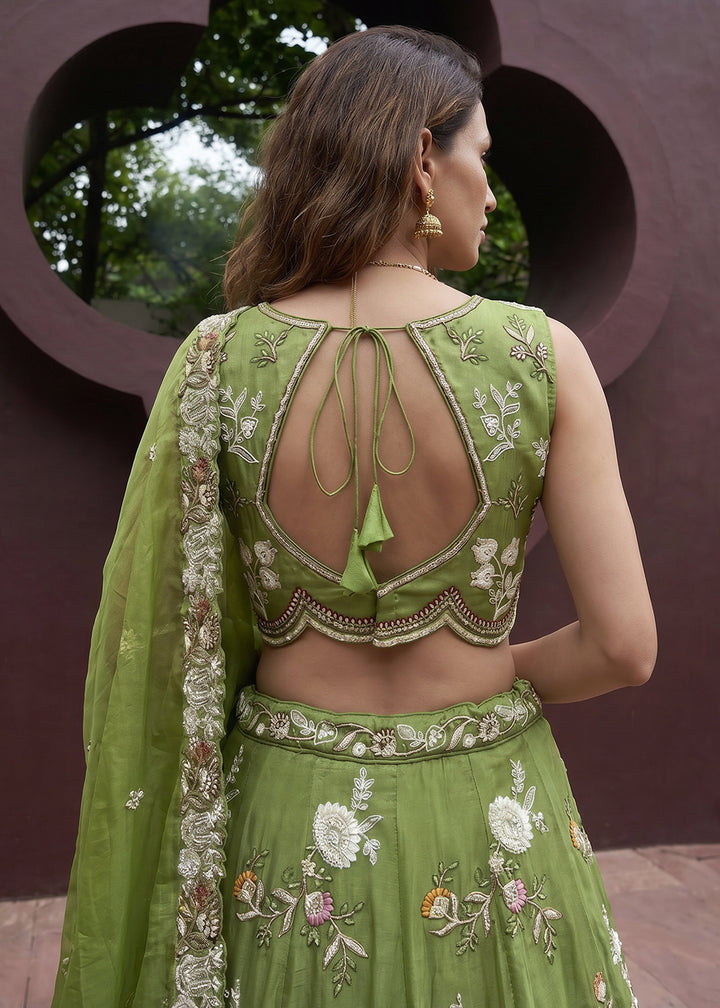Sage Green Tissue Lehenga Choli with Multicoloured Resham Embroidery, Beads &amp; Zari Work