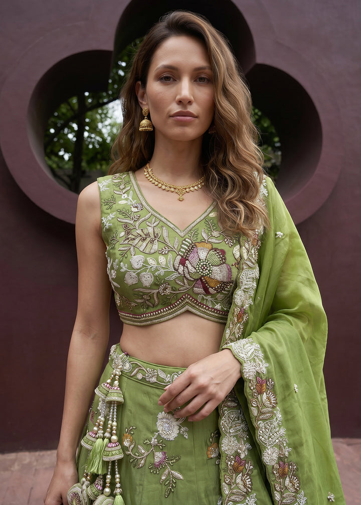 Sage Green Tissue Lehenga Choli with Multicoloured Resham Embroidery, Beads &amp; Zari Work