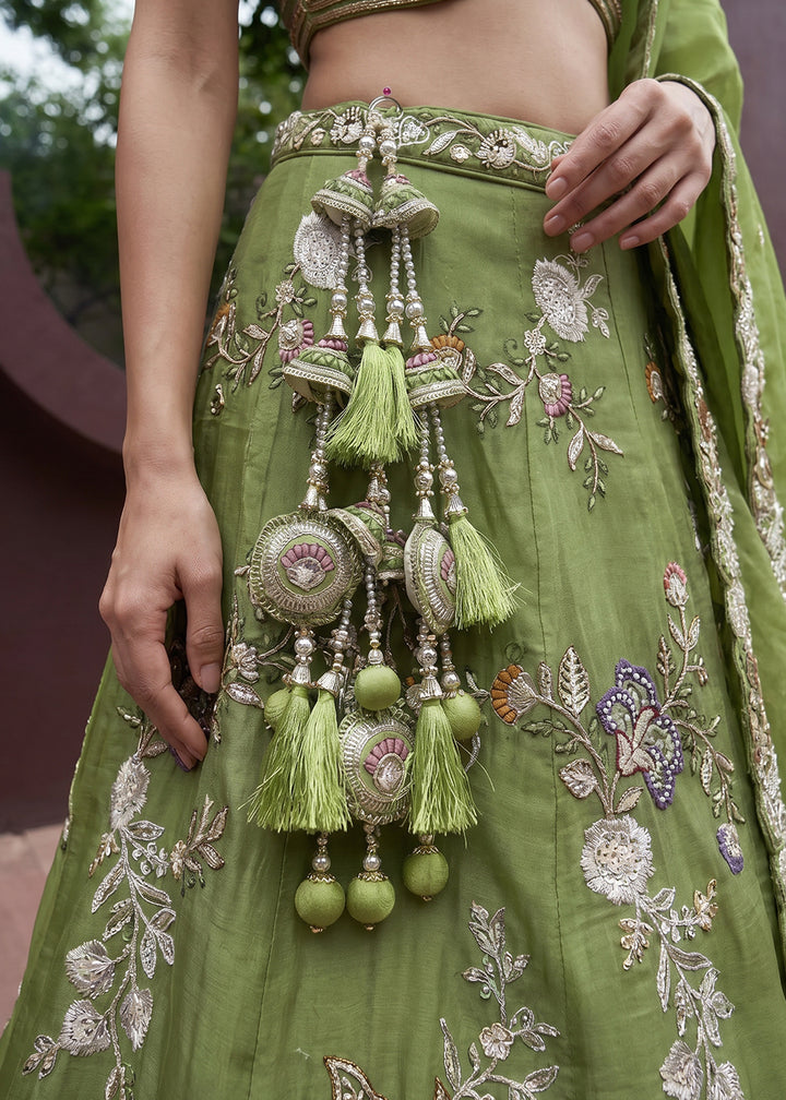 Sage Green Tissue Lehenga Choli with Multicoloured Resham Embroidery, Beads &amp; Zari Work