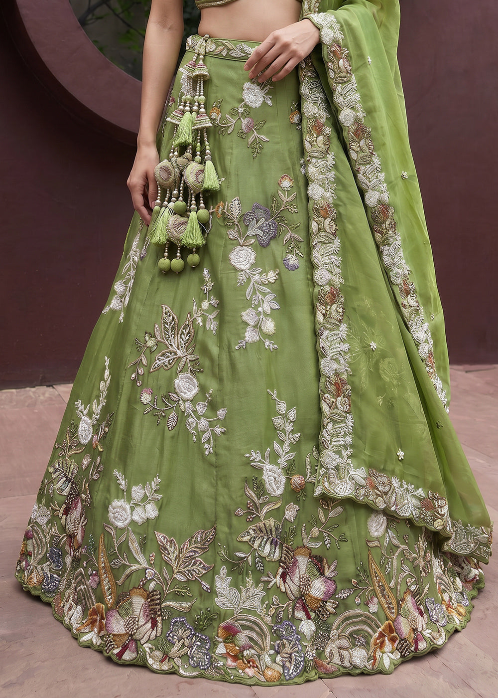Sage Green Tissue Lehenga Choli with Multicoloured Resham Embroidery, Beads &amp; Zari Work