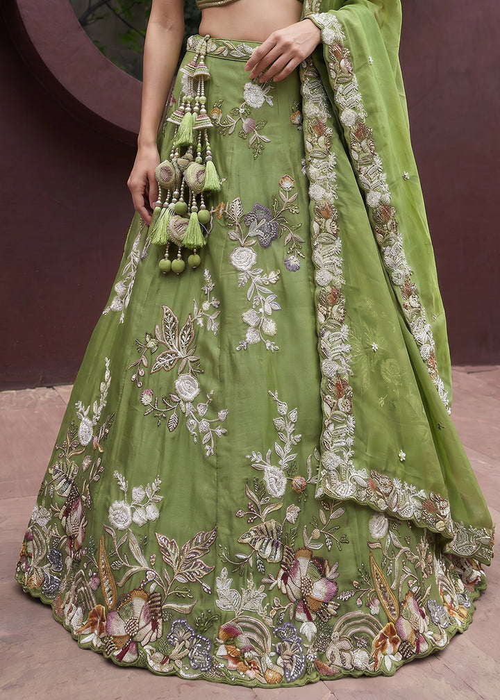 Sage Green Tissue Lehenga Choli with Multicoloured Resham Embroidery, Beads &amp; Zari Work