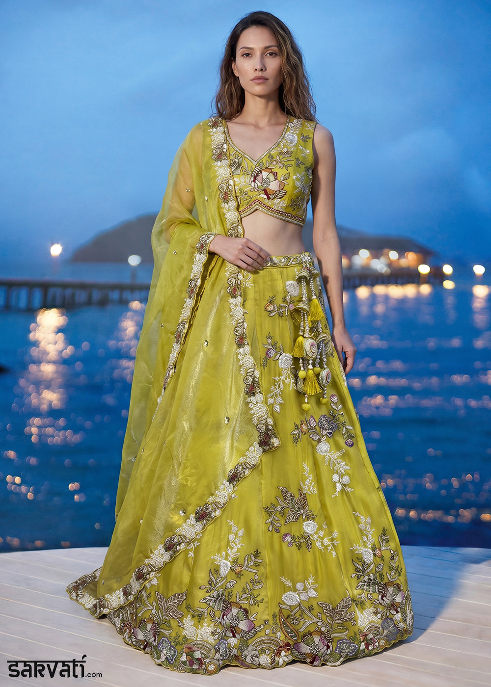 Olive Yellow Tissue Lehenga Choli with Multicoloured Resham Embroidery, Beads &amp; Zari Work
