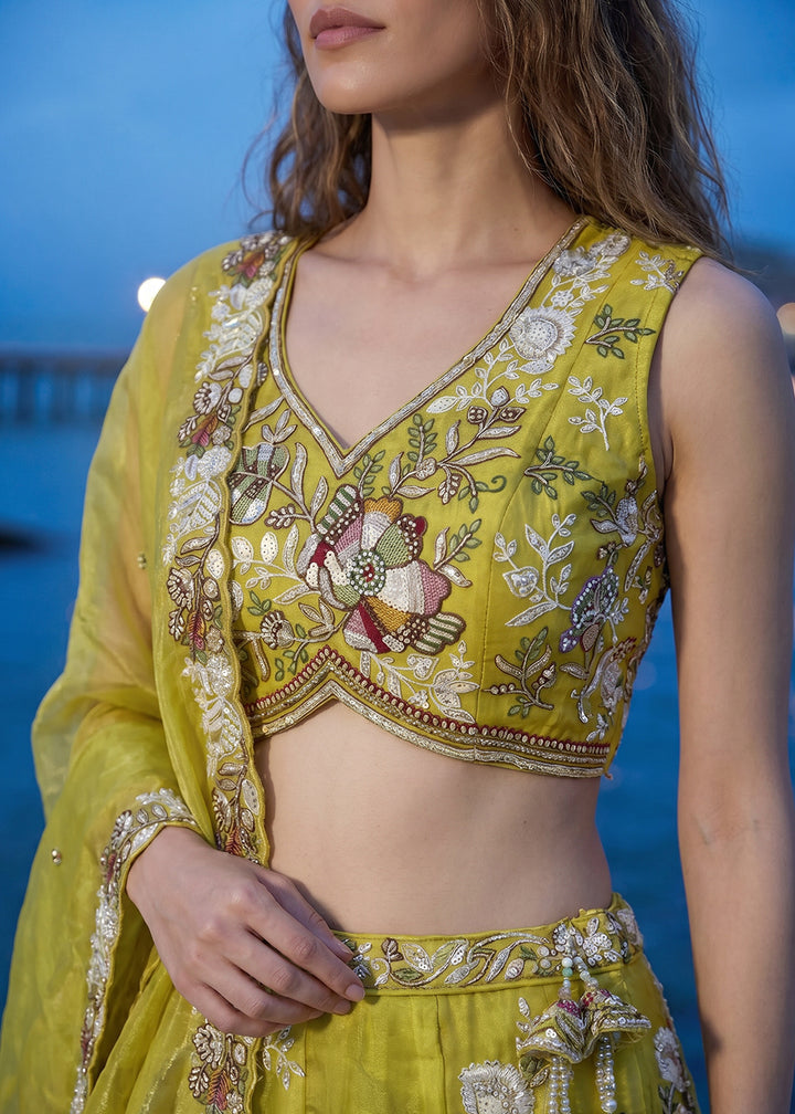 Olive Yellow Tissue Lehenga Choli with Multicoloured Resham Embroidery, Beads &amp; Zari Work