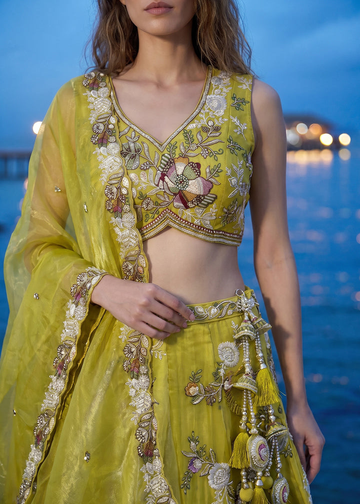 Olive Yellow Tissue Lehenga Choli with Multicoloured Resham Embroidery, Beads &amp; Zari Work