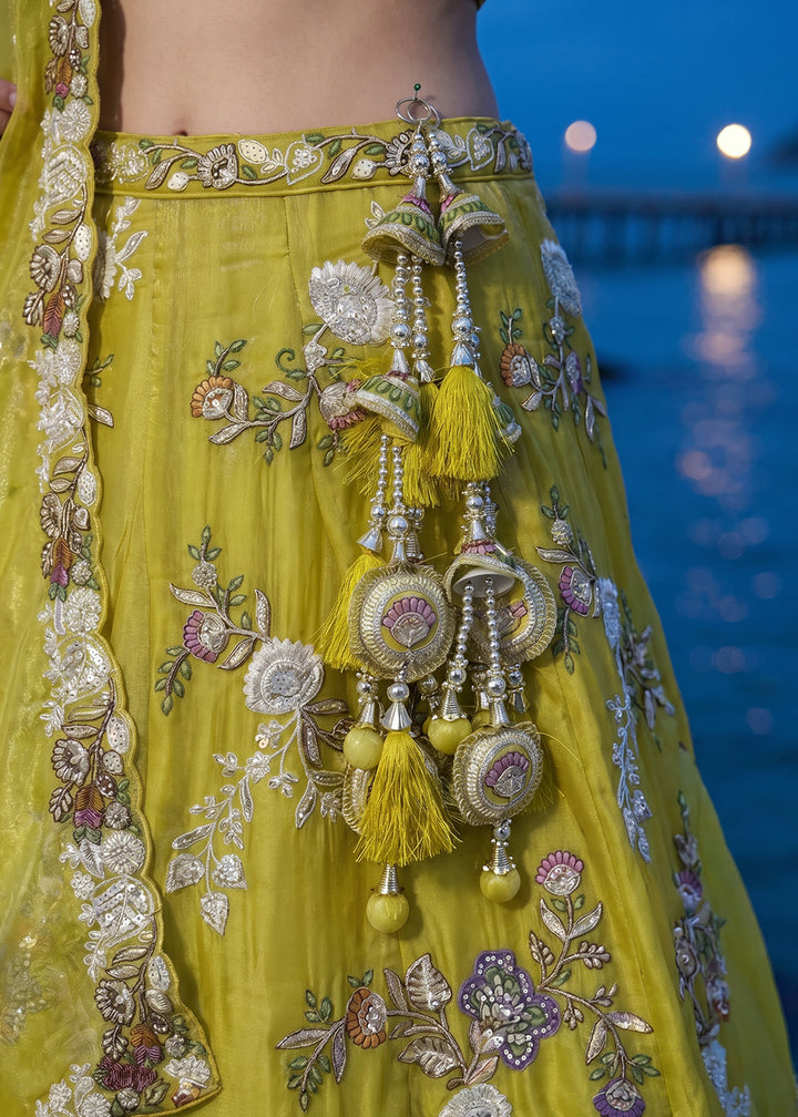Olive Yellow Tissue Lehenga Choli with Multicoloured Resham Embroidery, Beads &amp; Zari Work