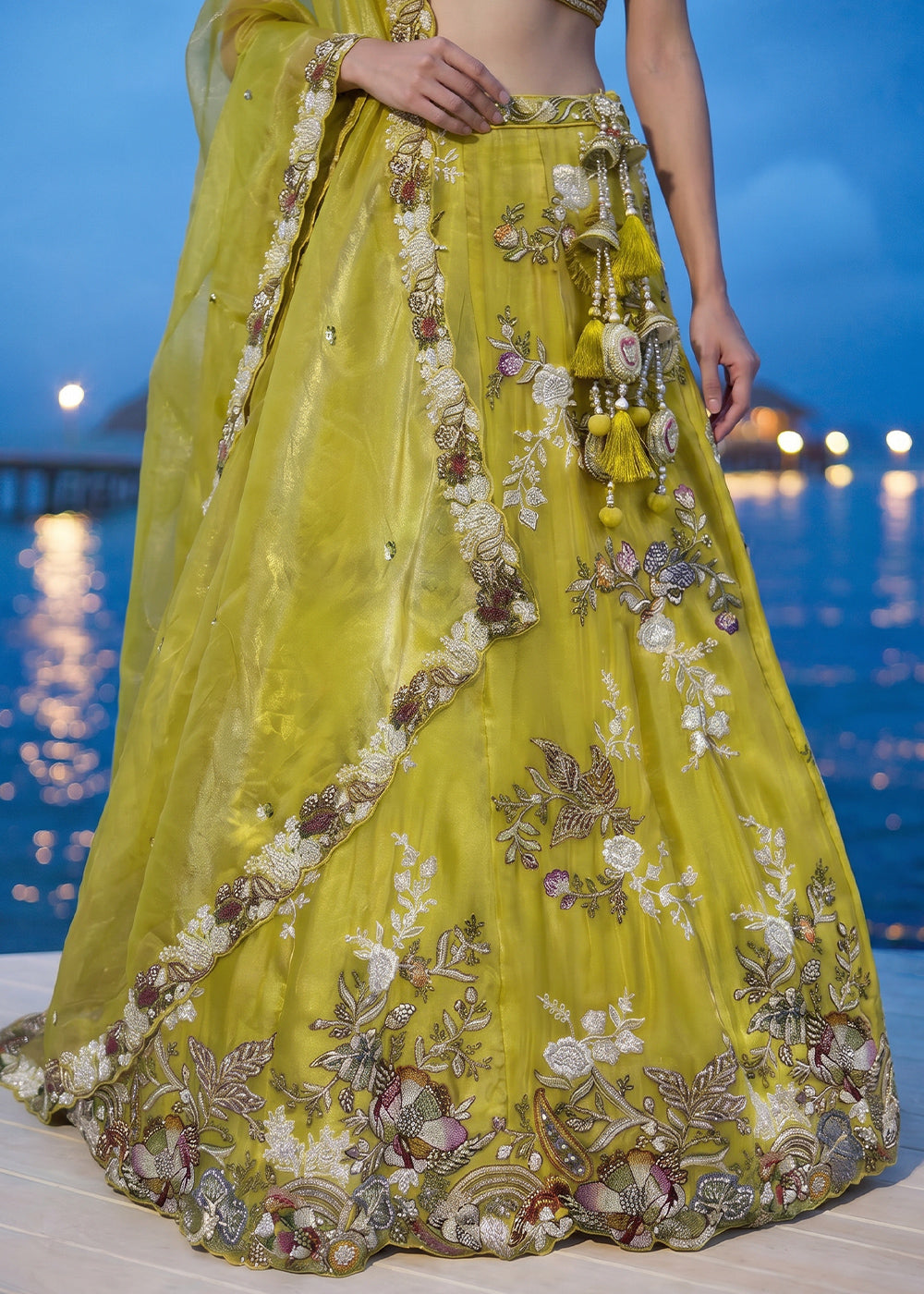 Olive Yellow Tissue Lehenga Choli with Multicoloured Resham Embroidery, Beads &amp; Zari Work