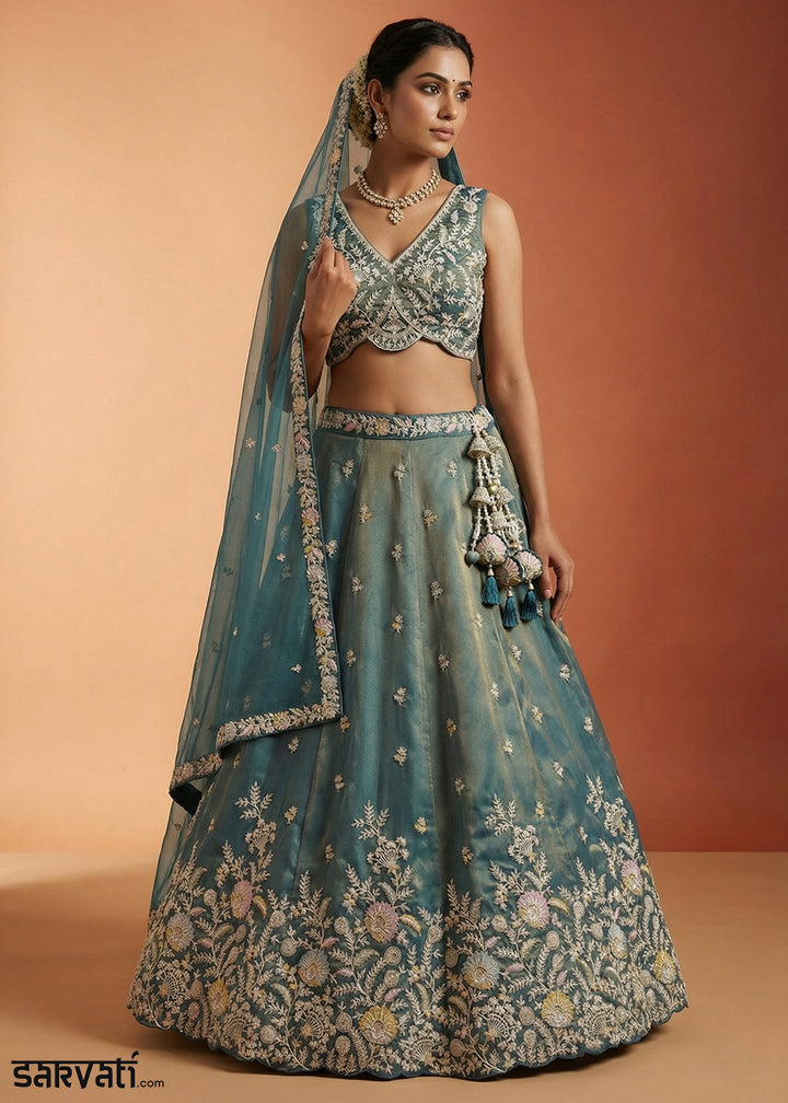 Steel Teal Blue Tissue Lehenga Choli with Heavy Zari &amp; Thread Embroidery