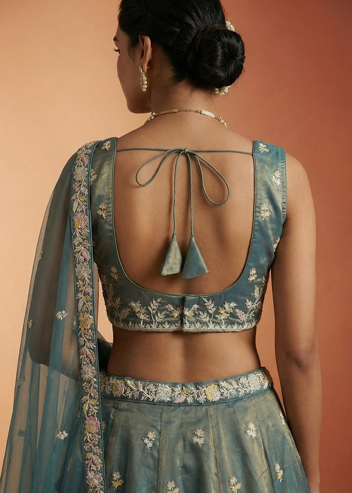 Steel Teal Blue Tissue Lehenga Choli with Heavy Zari &amp; Thread Embroidery