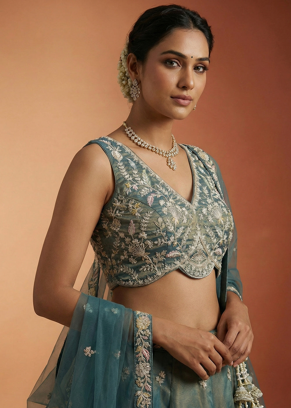 Steel Teal Blue Tissue Lehenga Choli with Heavy Zari &amp; Thread Embroidery