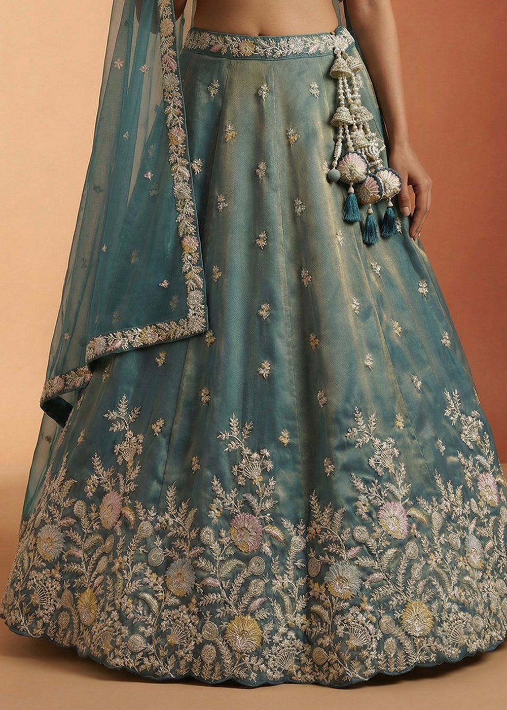 Steel Teal Blue Tissue Lehenga Choli with Heavy Zari &amp; Thread Embroidery