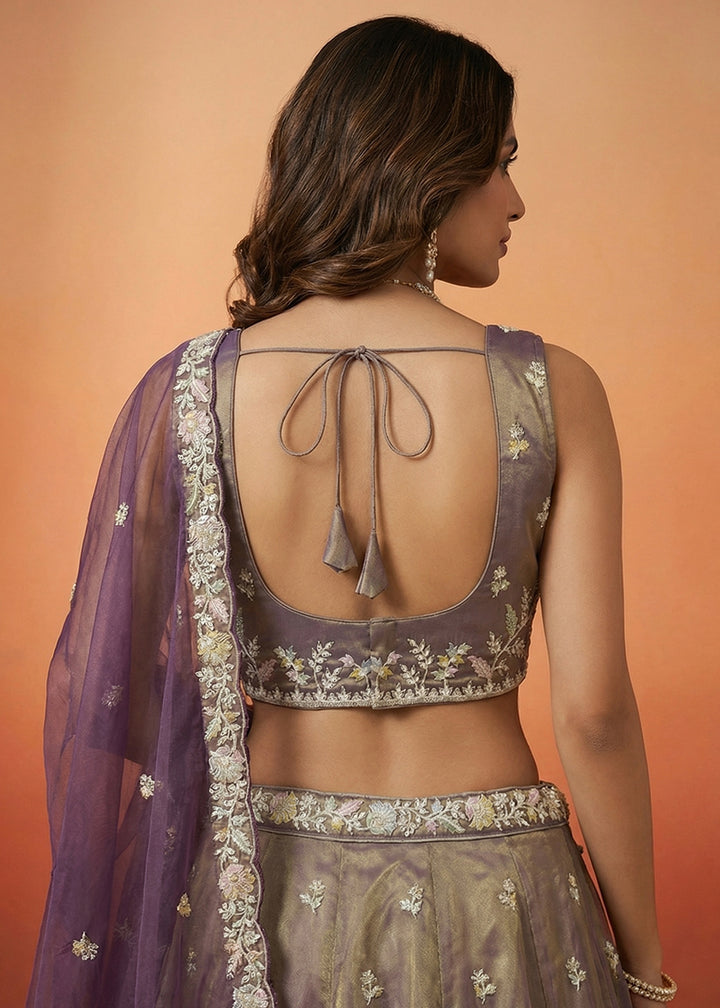Tones of Purple Tissue Lehenga Choli with Heavy Zari &amp; Thread Embroidery