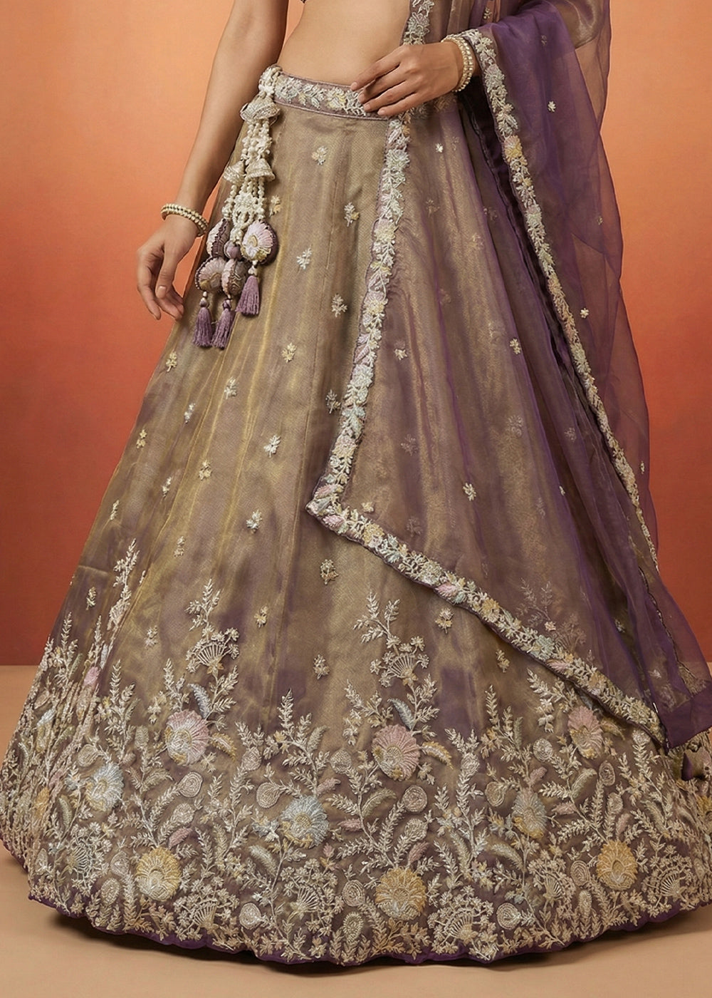 Tones of Purple Tissue Lehenga Choli with Heavy Zari &amp; Thread Embroidery