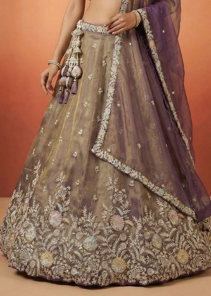 Tones of Purple Tissue Lehenga Choli with Heavy Zari &amp; Thread Embroidery