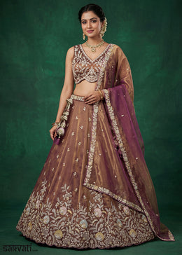 Copper Brown & Plum Purple Tissue Lehenga Choli with Two-Tone Shimmer, Heavy Zari & Thread Embroidery
