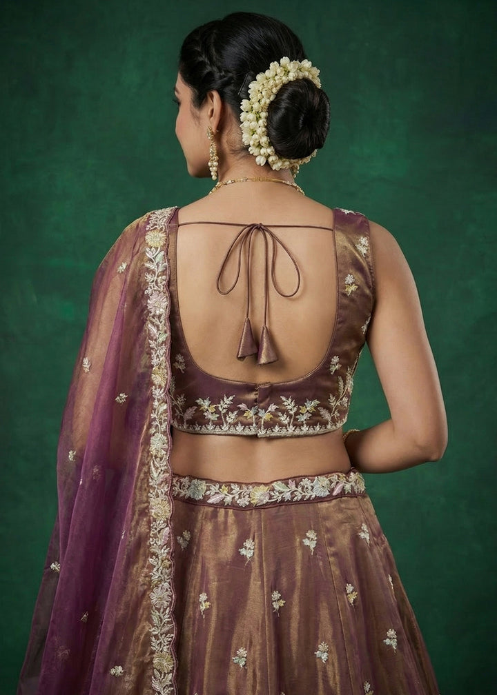 Copper Brown &amp; Plum Purple Tissue Lehenga Choli with Two-Tone Shimmer, Heavy Zari &amp; Thread Embroidery
