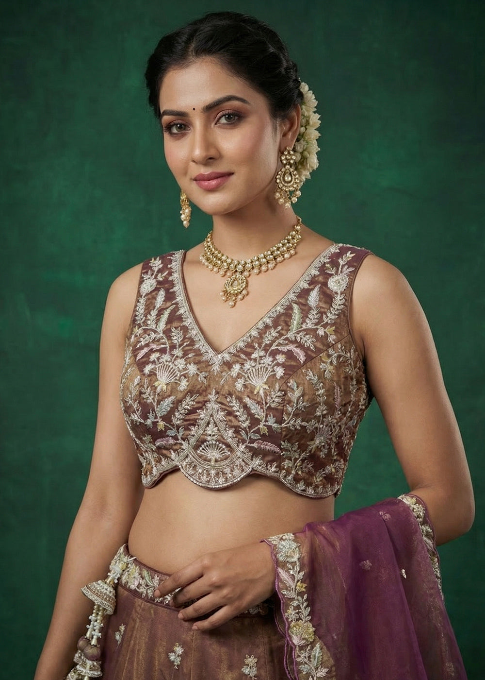 Copper Brown &amp; Plum Purple Tissue Lehenga Choli with Two-Tone Shimmer, Heavy Zari &amp; Thread Embroidery
