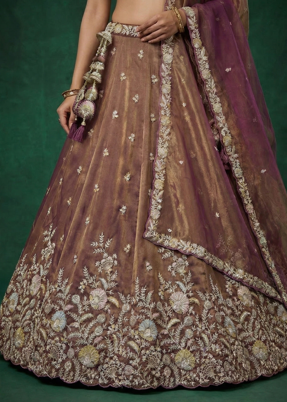 Copper Brown &amp; Plum Purple Tissue Lehenga Choli with Two-Tone Shimmer, Heavy Zari &amp; Thread Embroidery