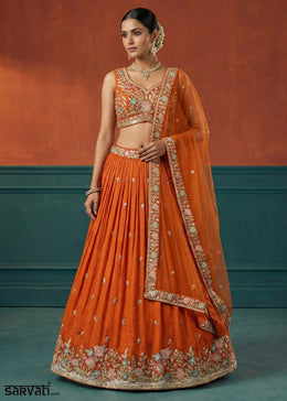 Tangerine Orange Georgette Lehenga Choli with Heavy Resham, Zari & Thread Embroidery