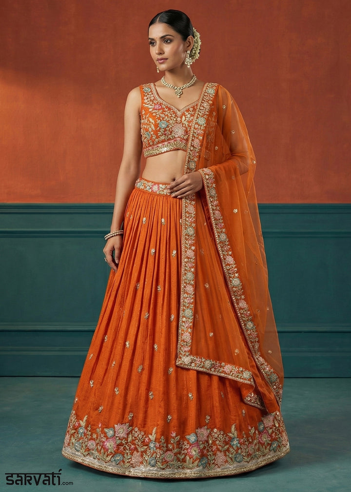 Tangerine Orange Georgette Lehenga Choli with Heavy Resham, Zari &amp; Thread Embroidery