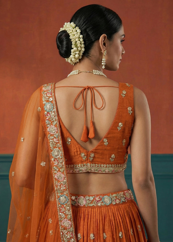 Tangerine Orange Georgette Lehenga Choli with Heavy Resham, Zari &amp; Thread Embroidery