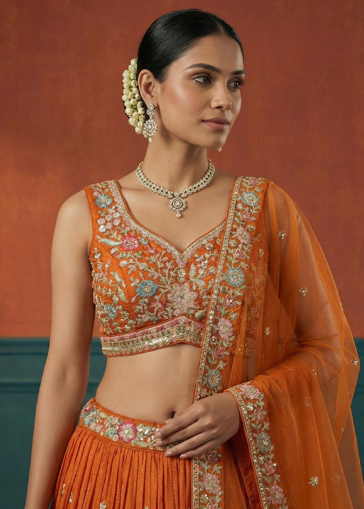 Tangerine Orange Georgette Lehenga Choli with Heavy Resham, Zari &amp; Thread Embroidery
