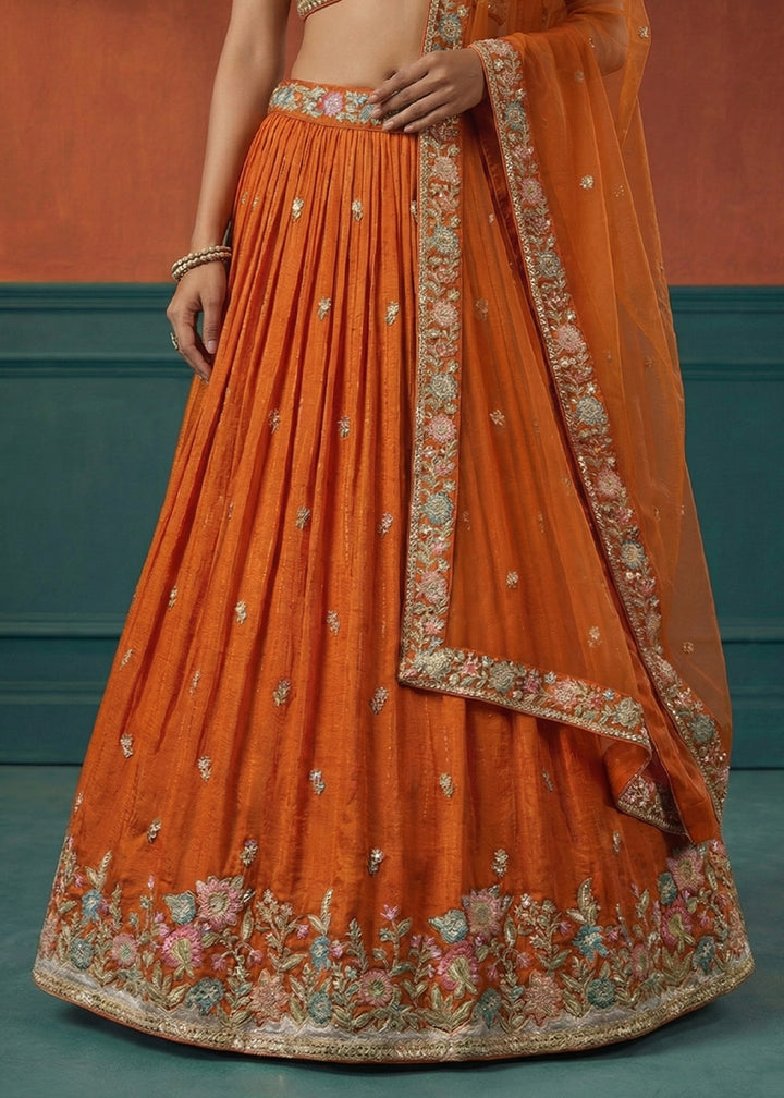 Tangerine Orange Georgette Lehenga Choli with Heavy Resham, Zari &amp; Thread Embroidery