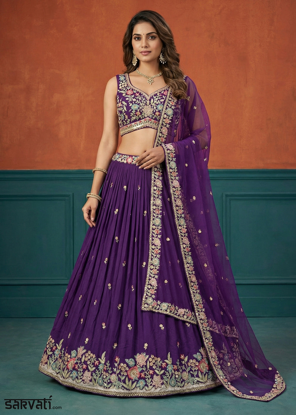 Royal Purple Georgette Lehenga Choli with Heavy Resham, Zari &amp; Thread Embroidery