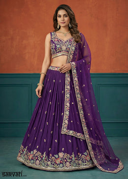 Royal Purple Georgette Lehenga Choli with Heavy Resham, Zari & Thread Embroidery