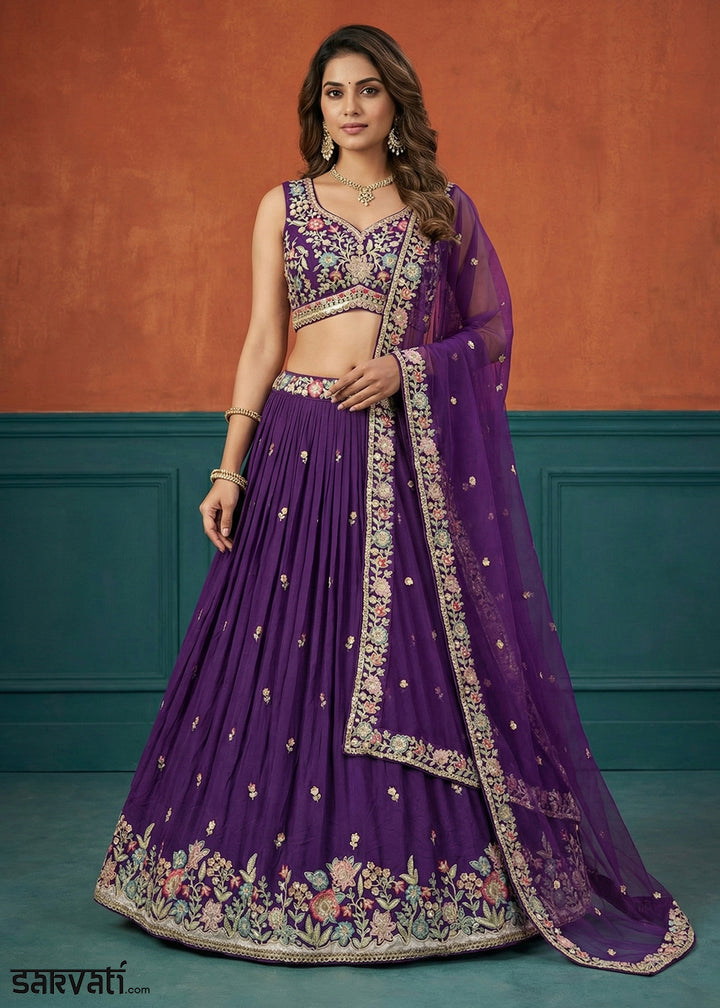 Royal Purple Georgette Lehenga Choli with Heavy Resham, Zari &amp; Thread Embroidery