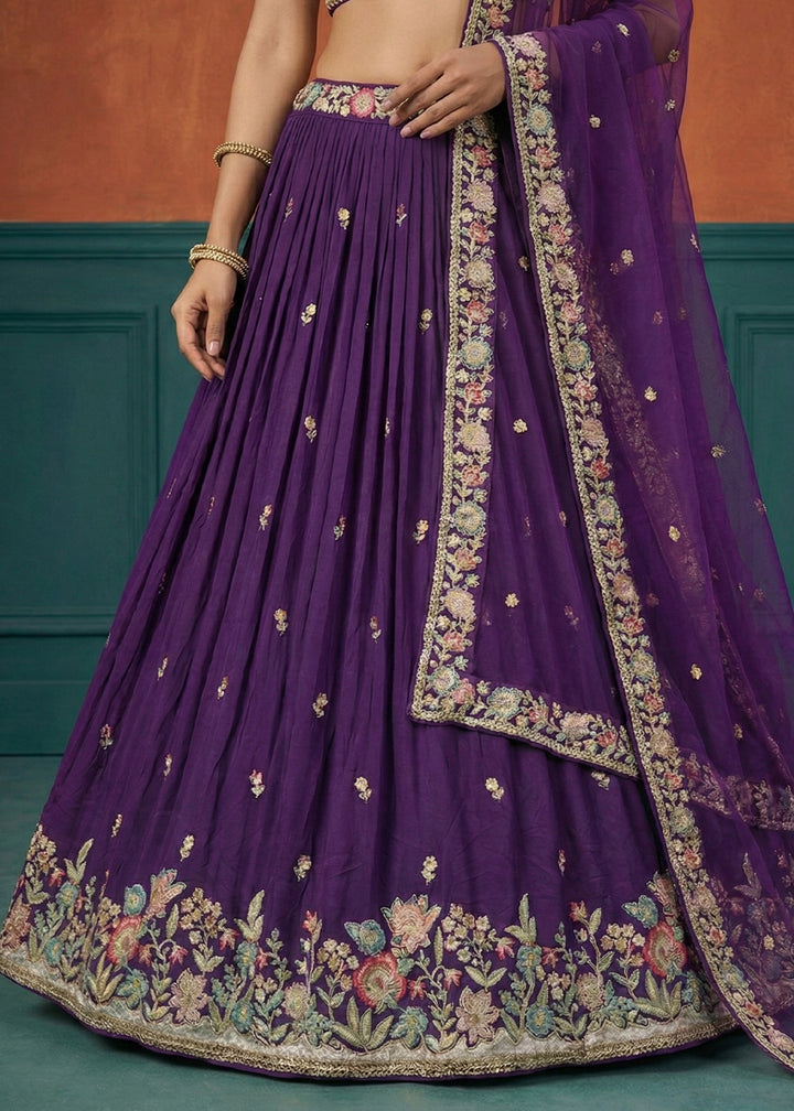 Royal Purple Georgette Lehenga Choli with Heavy Resham, Zari &amp; Thread Embroidery