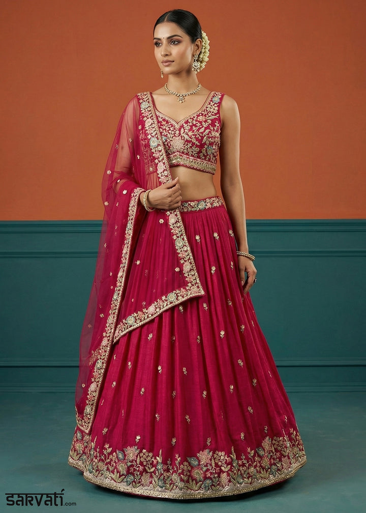 Crimson Pink Georgette Lehenga Choli with Multicoloured Resham, Zari &amp; Floral Thread Embroidery