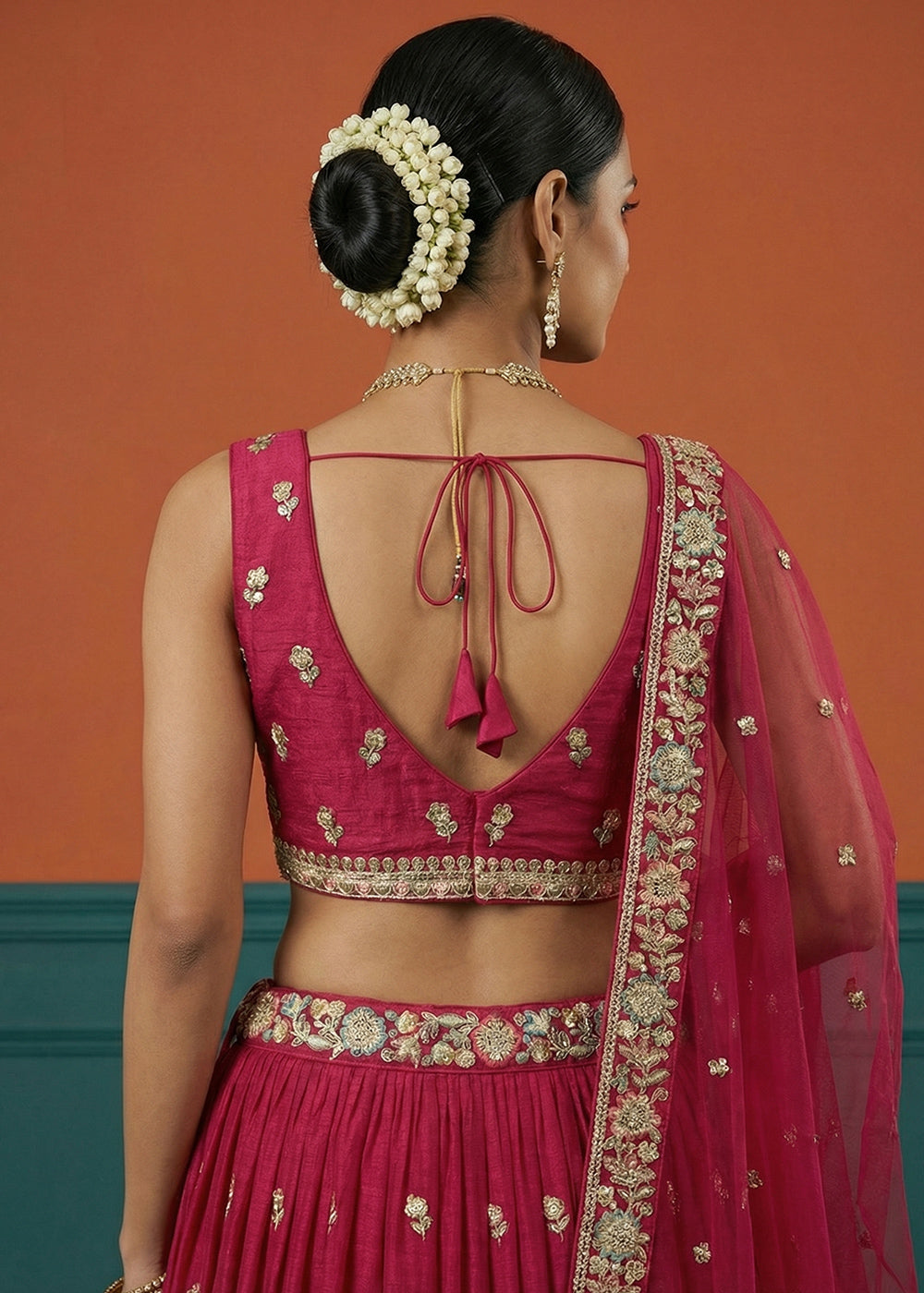 Crimson Pink Georgette Lehenga Choli with Multicoloured Resham, Zari &amp; Floral Thread Embroidery