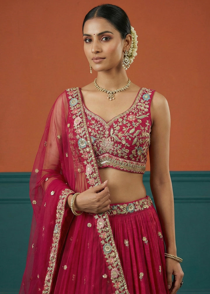 Crimson Pink Georgette Lehenga Choli with Multicoloured Resham, Zari &amp; Floral Thread Embroidery
