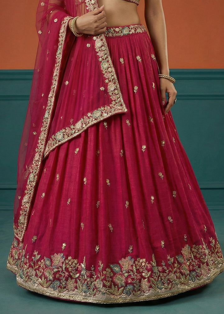 Crimson Pink Georgette Lehenga Choli with Multicoloured Resham, Zari &amp; Floral Thread Embroidery