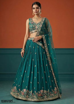 Deep Blue Teal Georgette Lehenga Choli with Multicoloured Resham, Zari & Floral Thread Embroidery