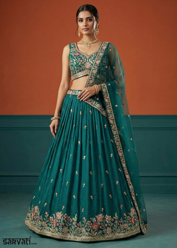 Deep Blue Teal Georgette Lehenga Choli with Multicoloured Resham, Zari &amp; Floral Thread Embroidery