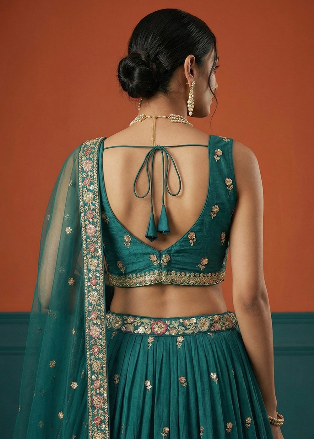 Deep Blue Teal Georgette Lehenga Choli with Multicoloured Resham, Zari & Floral Thread Embroidery