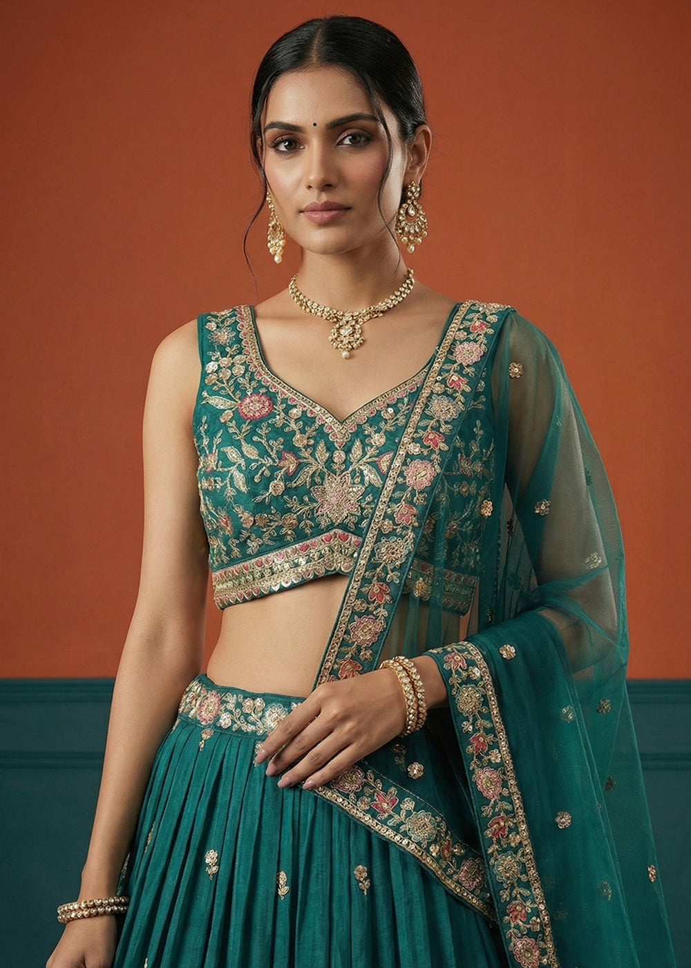 Deep Blue Teal Georgette Lehenga Choli with Multicoloured Resham, Zari &amp; Floral Thread Embroidery