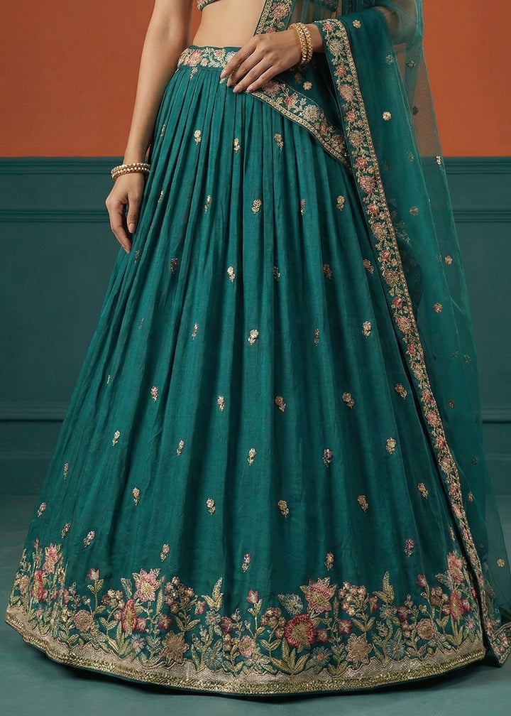 Deep Blue Teal Georgette Lehenga Choli with Multicoloured Resham, Zari &amp; Floral Thread Embroidery