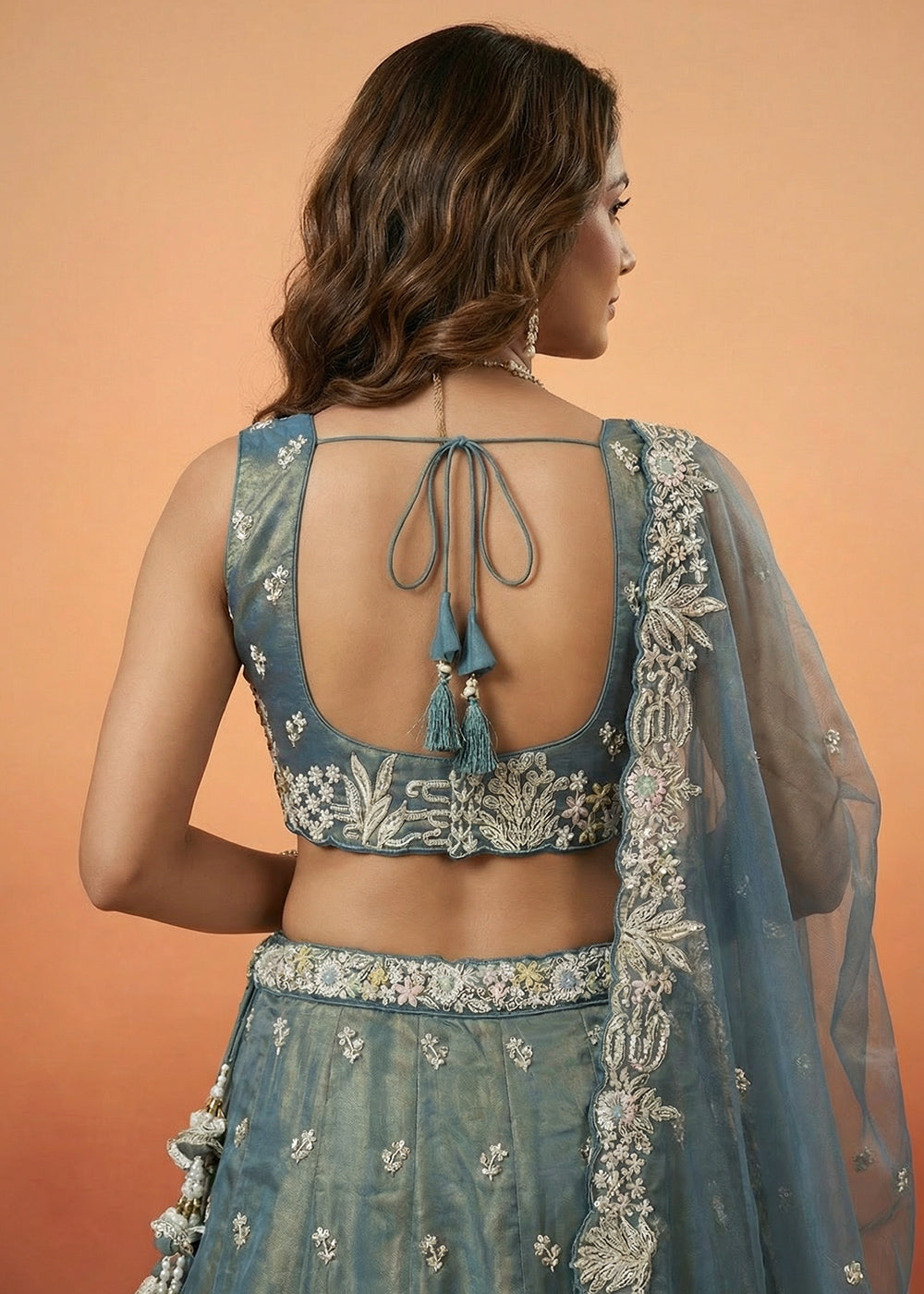 Deep Peacock Blue Tissue Lehenga Choli with Gold Shimmer, Moti, Zari &amp; Floral Embroidery