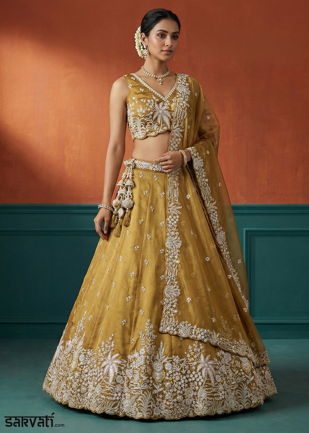Yellow Ochre Tissue Lehenga Choli with Heavy Zari &amp; Thread Embroidery