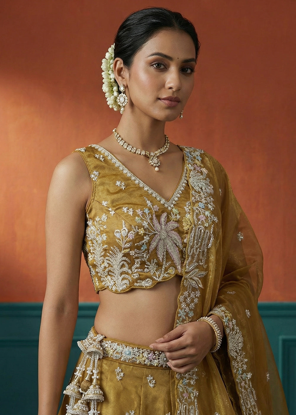 Yellow Ochre Tissue Lehenga Choli with Heavy Zari &amp; Thread Embroidery